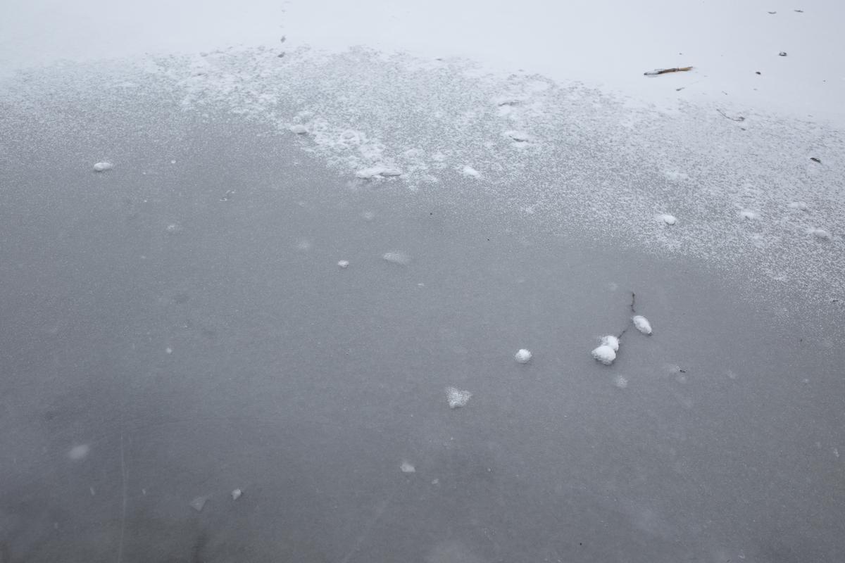 Lumps of snow on a frozen lake.