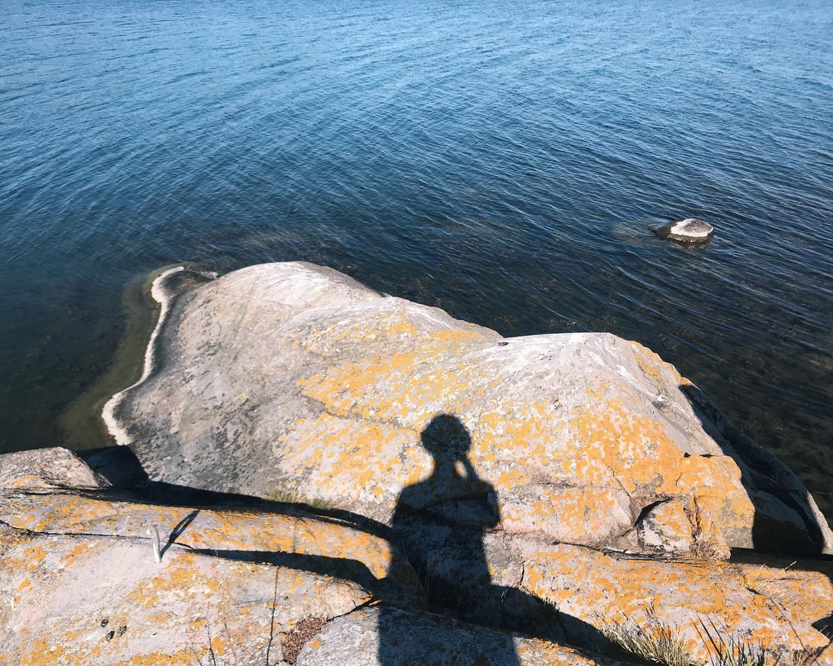 The shadow of the author cast over a rock in the shore. There's some yellow lichen on the rock.