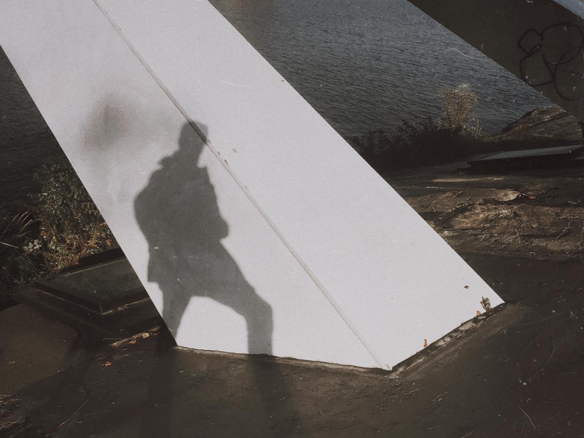 A shadow against a bridge pillar on a rock.